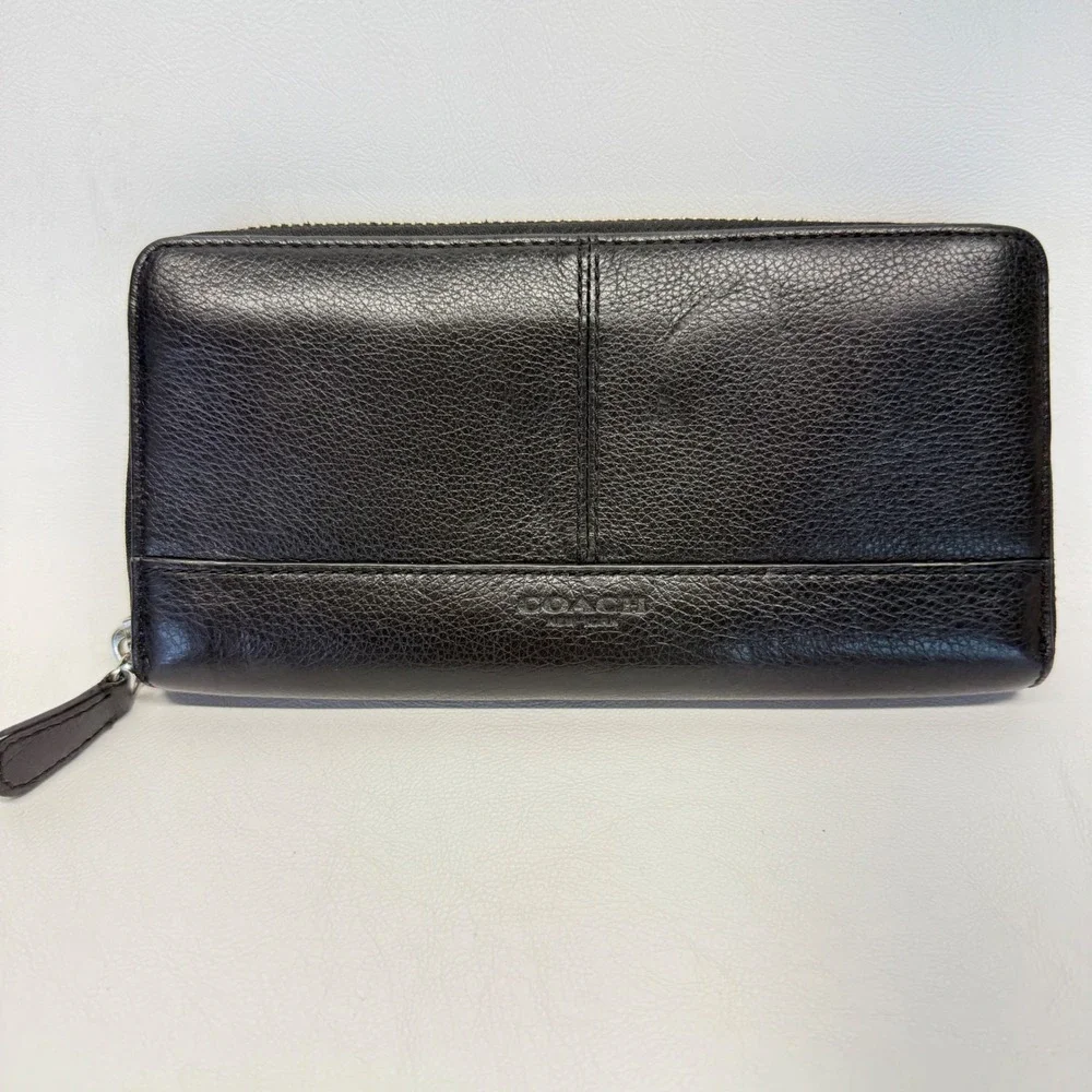 Coach F51764 Accordion Zip Wallet Black Pebbled Leather Long Clutch Organizer
